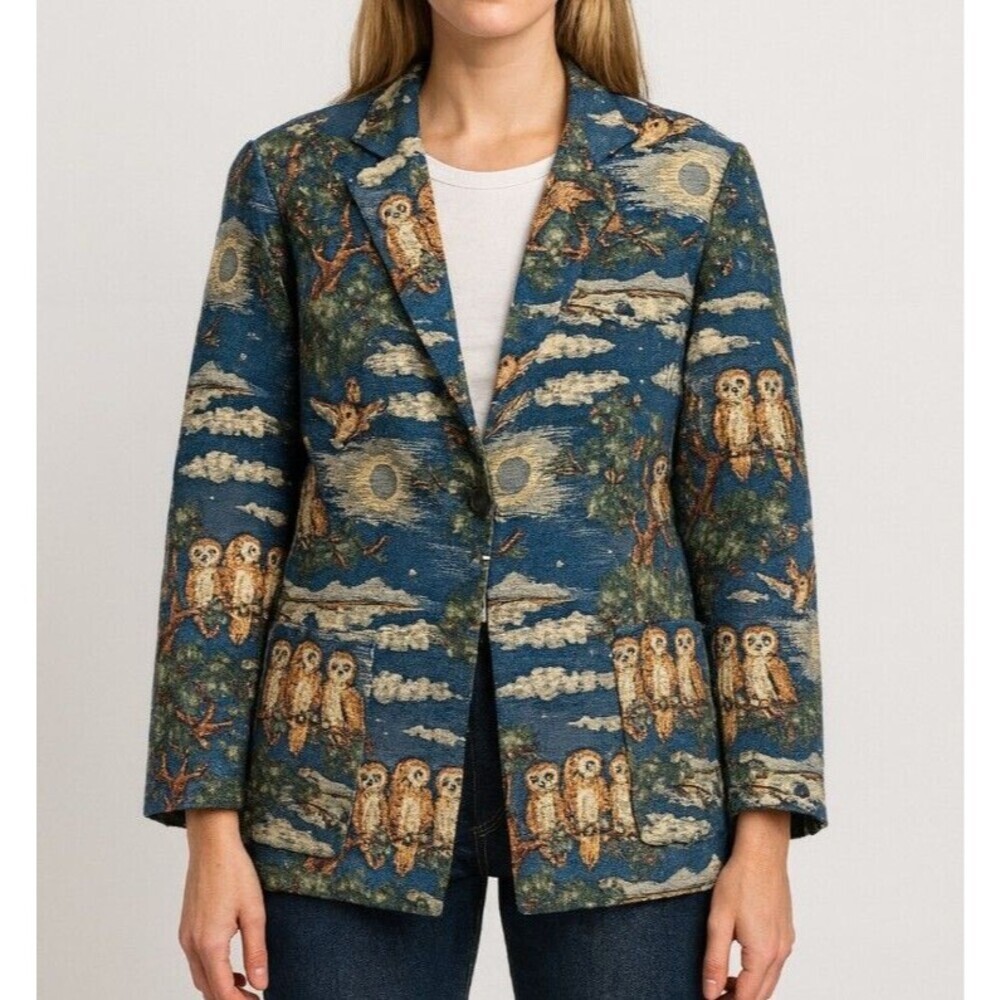 Vintage Handmade Tapestry Jacket Owl Forest Grandmacore Grannycore Boho